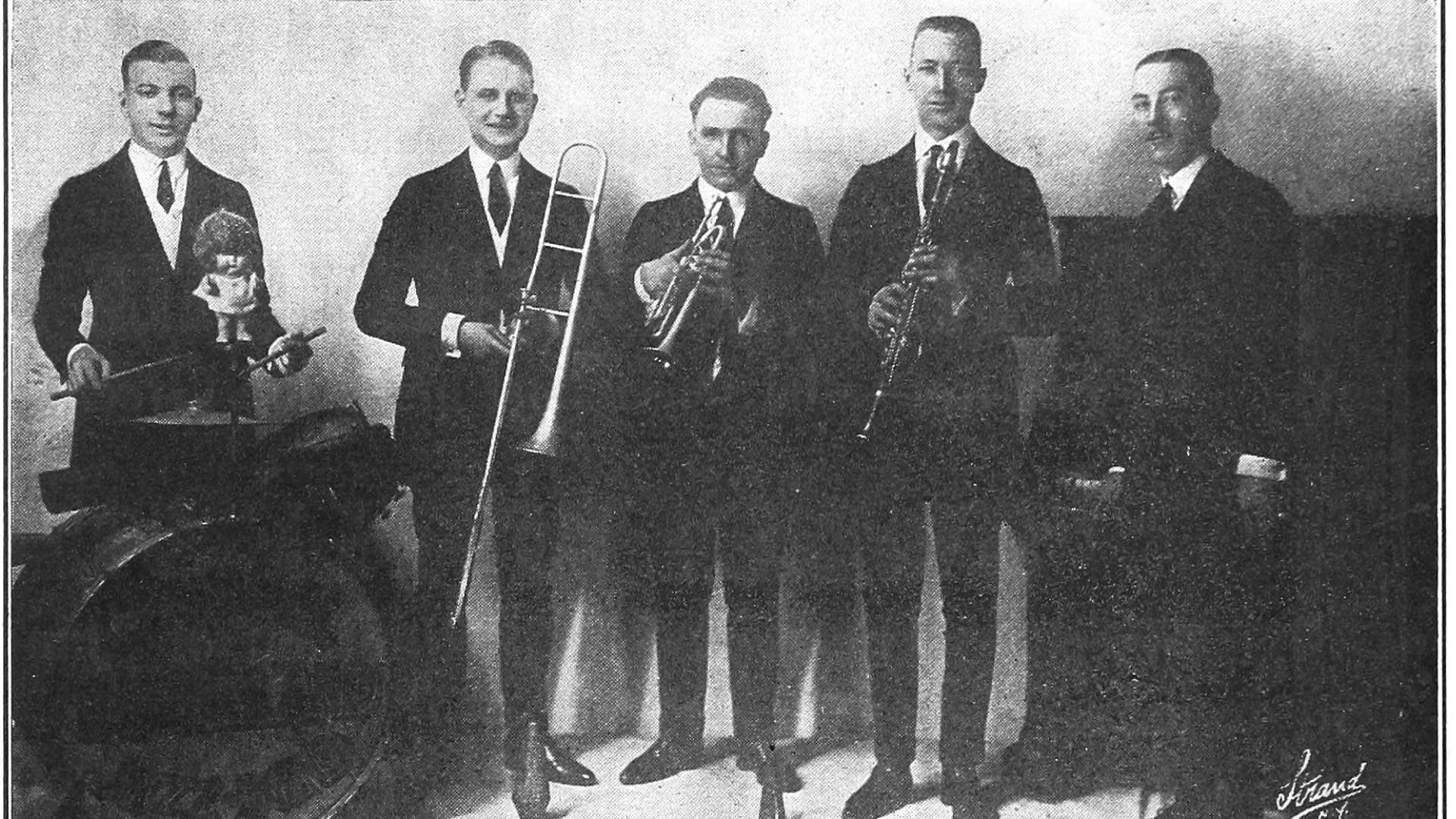 The Original Dixieland Jazz Band, the five musicians behind the first jazz record, in a Strand studio portrait