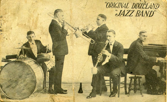 The Original Dixieland Jazz Band, who made the first jazz record, on a 1918 postcard from Reisenweber's Cafe